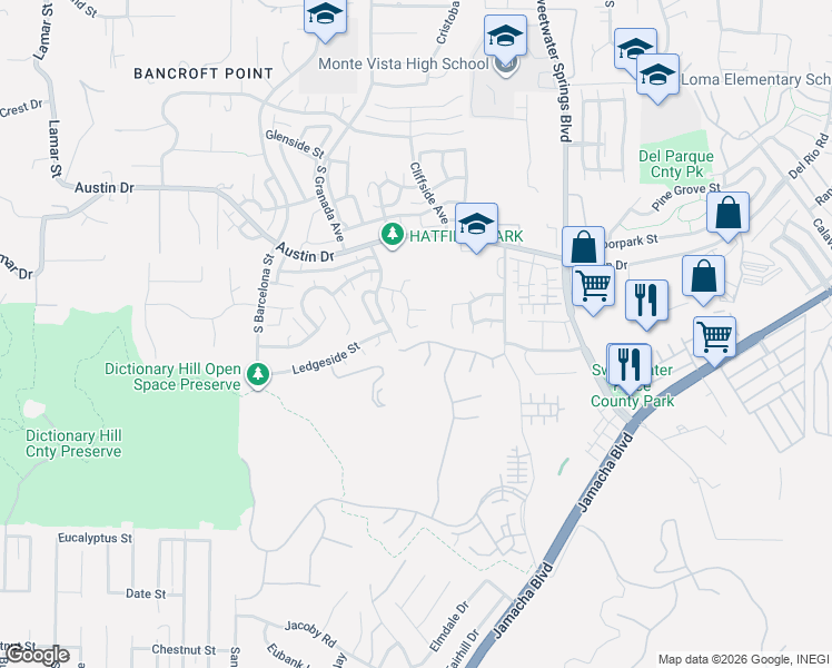 map of restaurants, bars, coffee shops, grocery stores, and more near 10116 California Waters Drive in Spring Valley