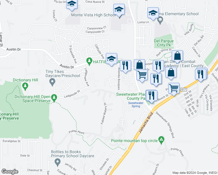 map of restaurants, bars, coffee shops, grocery stores, and more near 2206 Durasno Lane in Spring Valley