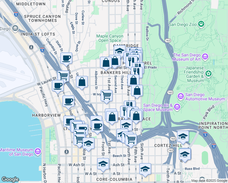 map of restaurants, bars, coffee shops, grocery stores, and more near 130 Ivy Street in San Diego