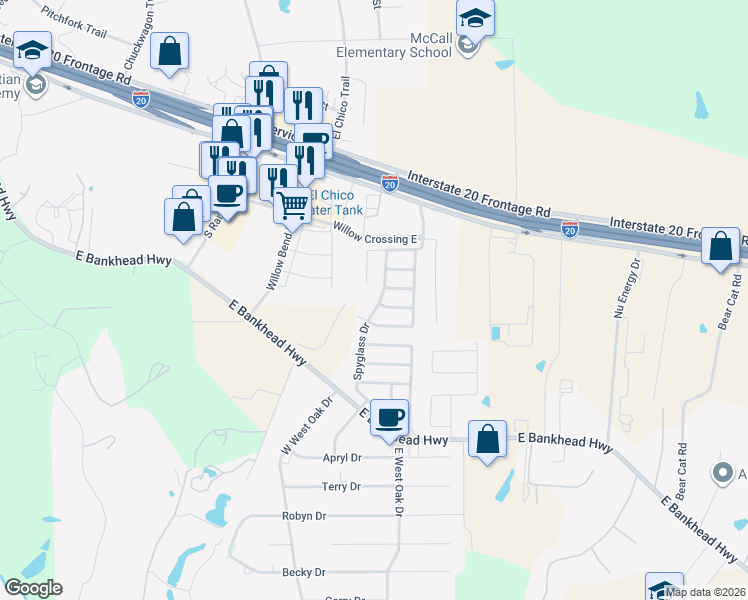 map of restaurants, bars, coffee shops, grocery stores, and more near 270 Spyglass Drive in Willow Park