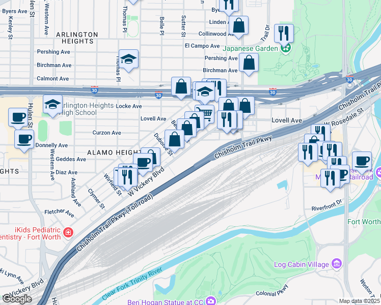 map of restaurants, bars, coffee shops, grocery stores, and more near 3955 West Vickery Boulevard in Fort Worth