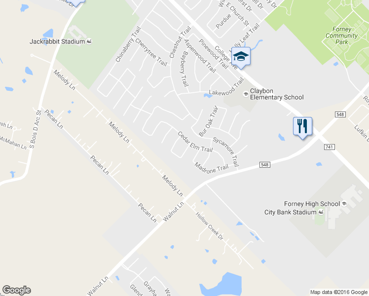 map of restaurants, bars, coffee shops, grocery stores, and more near 504 Black Oak Trail in Forney