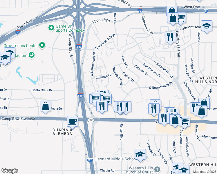 map of restaurants, bars, coffee shops, grocery stores, and more near 3101 West Normandale Street in Fort Worth