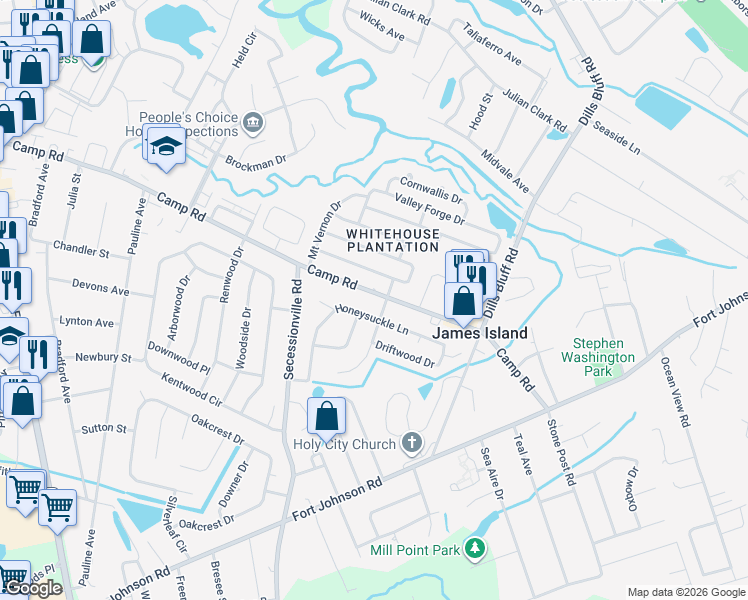 map of restaurants, bars, coffee shops, grocery stores, and more near 1329 Camp Road in Charleston