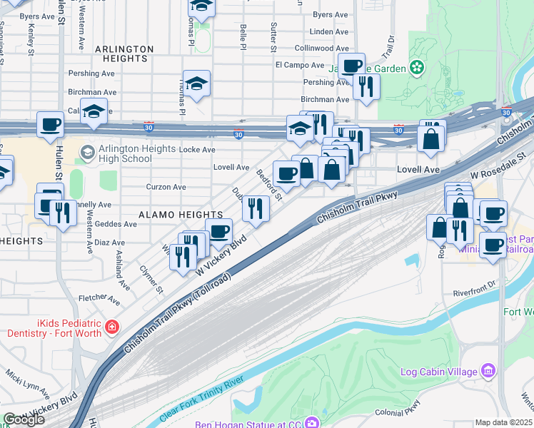 map of restaurants, bars, coffee shops, grocery stores, and more near 3978 West Vickery Boulevard in Fort Worth