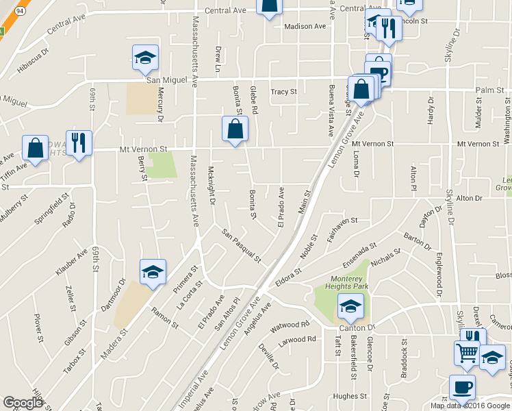 map of restaurants, bars, coffee shops, grocery stores, and more near 2191 Bonita Street in Lemon Grove