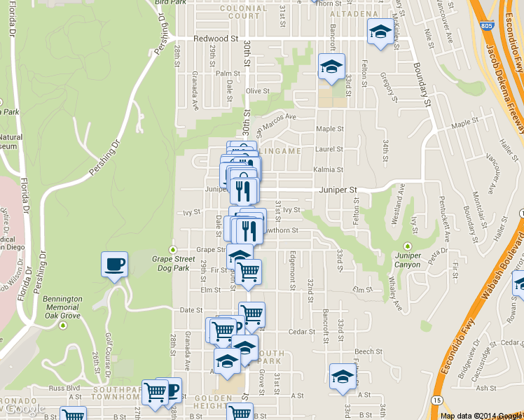 map of restaurants, bars, coffee shops, grocery stores, and more near 3031 Ivy Street in San Diego