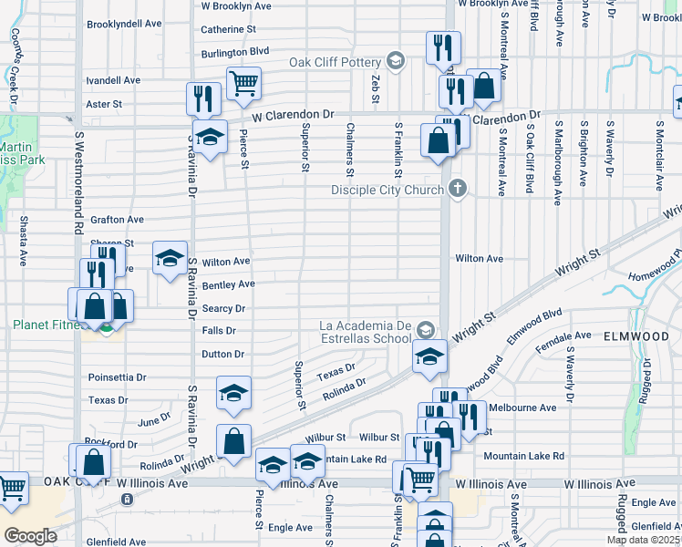 map of restaurants, bars, coffee shops, grocery stores, and more near 2623 Bentley Avenue in Dallas