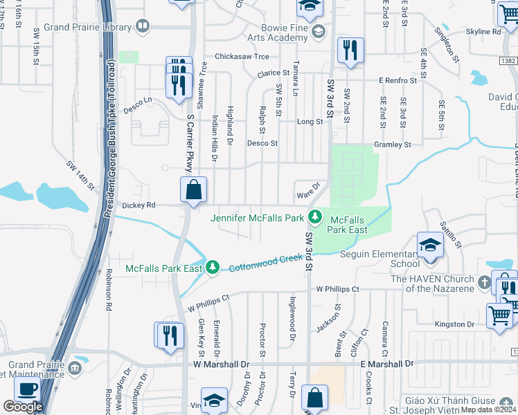 map of restaurants, bars, coffee shops, grocery stores, and more near 547 Dickey Road in Grand Prairie
