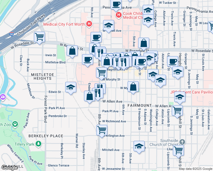 map of restaurants, bars, coffee shops, grocery stores, and more near 1419 Hurley Avenue in Fort Worth