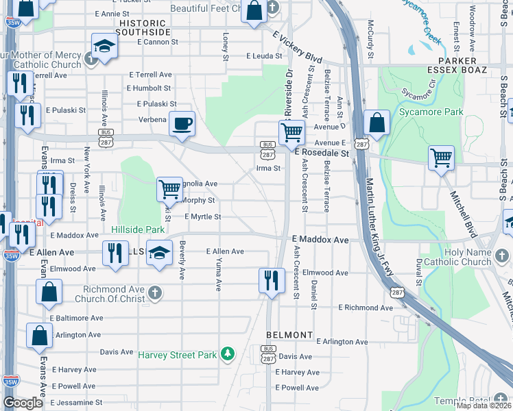 map of restaurants, bars, coffee shops, grocery stores, and more near 1500 East Morphy Street in Fort Worth