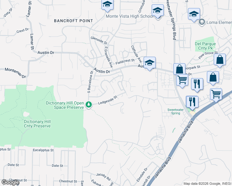 map of restaurants, bars, coffee shops, grocery stores, and more near 2223 Casa Cielo in Spring Valley