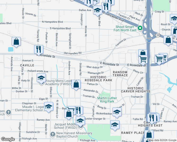 map of restaurants, bars, coffee shops, grocery stores, and more near 5525 Wainwright Drive in Fort Worth