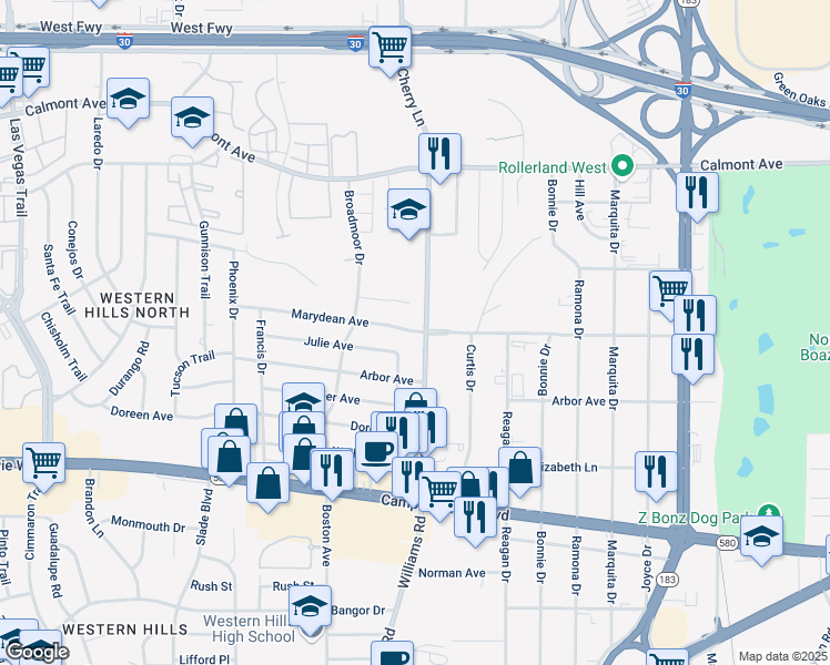 map of restaurants, bars, coffee shops, grocery stores, and more near 7905 Marydean Avenue in Fort Worth