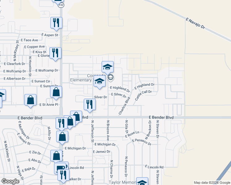 map of restaurants, bars, coffee shops, grocery stores, and more near 1306 E Silver Dr in Hobbs