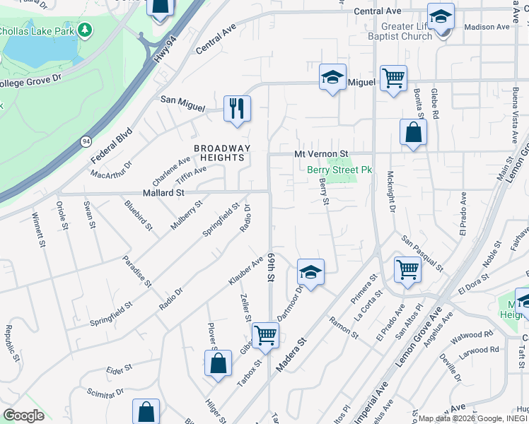 map of restaurants, bars, coffee shops, grocery stores, and more near 2206 69th Street in Lemon Grove