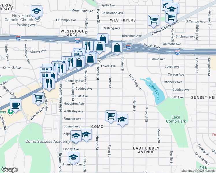 map of restaurants, bars, coffee shops, grocery stores, and more near 5616 Geddes Avenue in Fort Worth