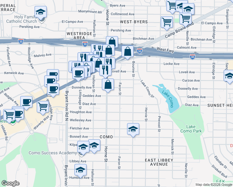 map of restaurants, bars, coffee shops, grocery stores, and more near 5616 Geddes Avenue in Fort Worth