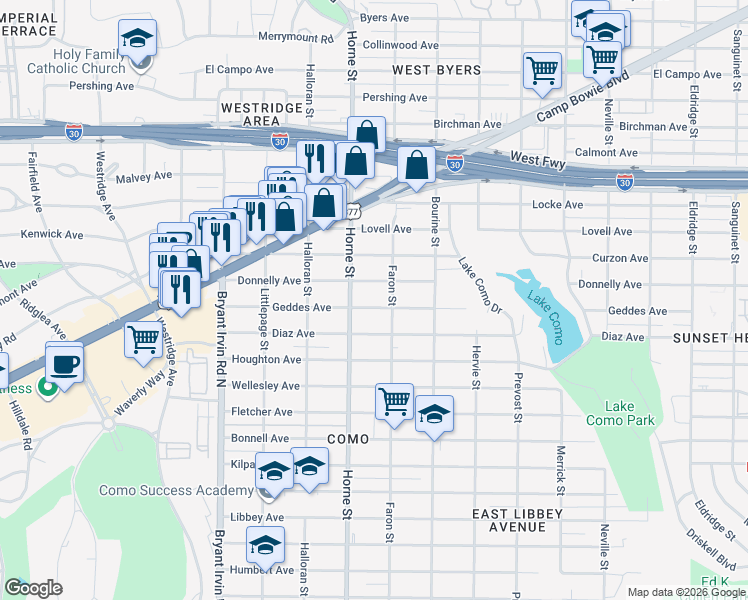 map of restaurants, bars, coffee shops, grocery stores, and more near 5616 Geddes Avenue in Fort Worth