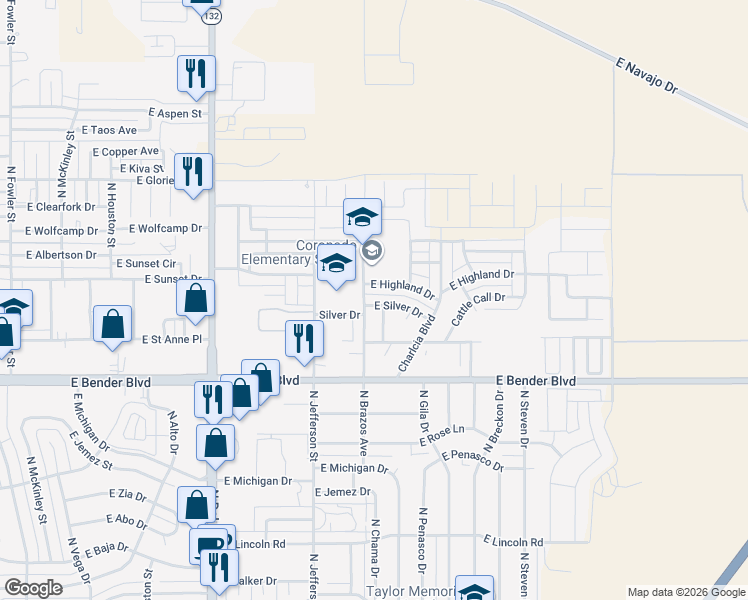 map of restaurants, bars, coffee shops, grocery stores, and more near 1306 East Silver Drive in Hobbs