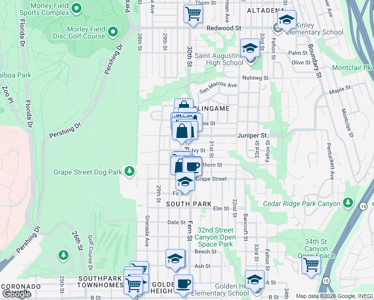 map of restaurants, bars, coffee shops, grocery stores, and more near Fern St & Ivy St in San Diego