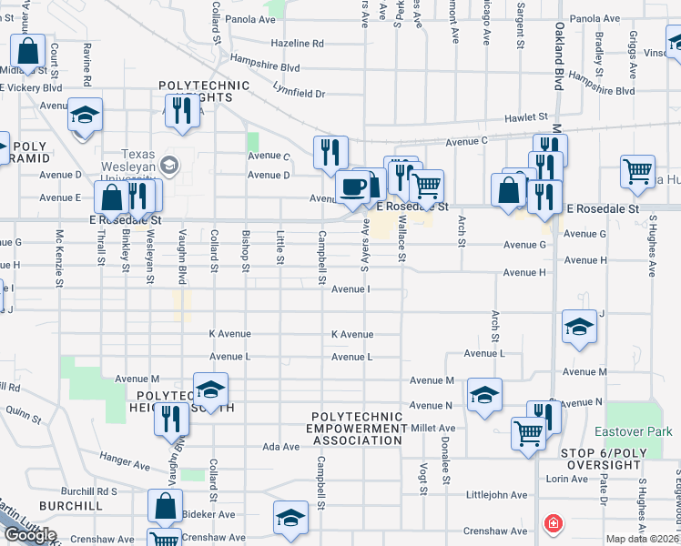 map of restaurants, bars, coffee shops, grocery stores, and more near 3618 Avenue H in Fort Worth