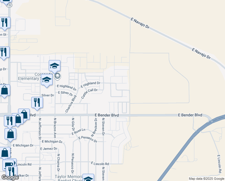 map of restaurants, bars, coffee shops, grocery stores, and more near 2524 North Green Valley Trail in Hobbs