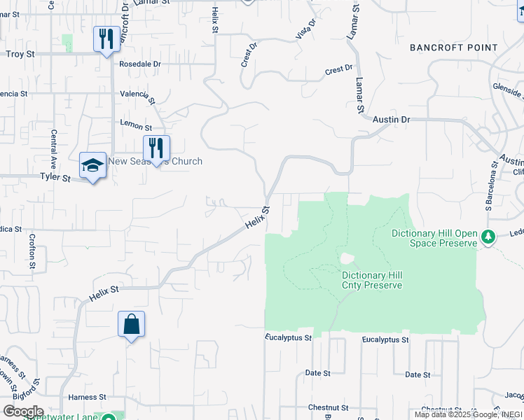 map of restaurants, bars, coffee shops, grocery stores, and more near 2460 Helix Street in Spring Valley