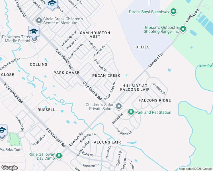 map of restaurants, bars, coffee shops, grocery stores, and more near 3316 Knollcrest Lane in Mesquite