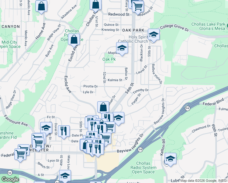 map of restaurants, bars, coffee shops, grocery stores, and more near 5220 Maring Place in San Diego