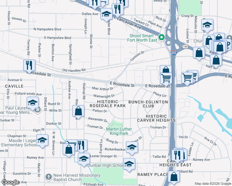 map of restaurants, bars, coffee shops, grocery stores, and more near 5625 Wainwright Drive in Fort Worth