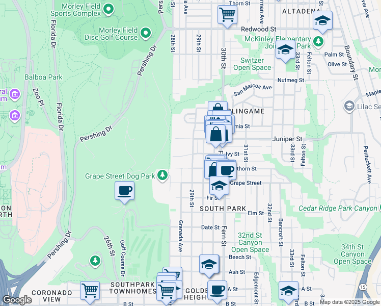 map of restaurants, bars, coffee shops, grocery stores, and more near 2878 Ivy St in San Diego