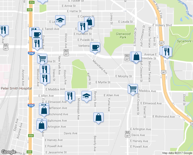 map of restaurants, bars, coffee shops, grocery stores, and more near 1274 East Morphy Street in Fort Worth