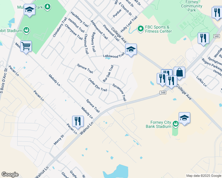 map of restaurants, bars, coffee shops, grocery stores, and more near 739 Cedar Elm Trail in Forney