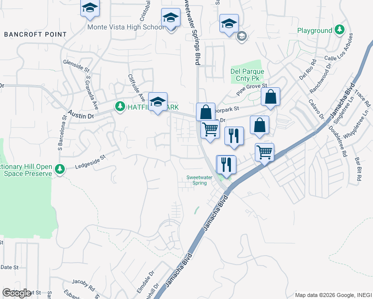 map of restaurants, bars, coffee shops, grocery stores, and more near 10108 Calle Marinero in Spring Valley