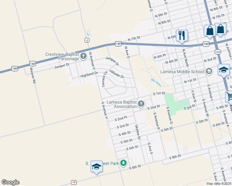 map of restaurants, bars, coffee shops, grocery stores, and more near 364-398 Terrace Circle in Lamesa