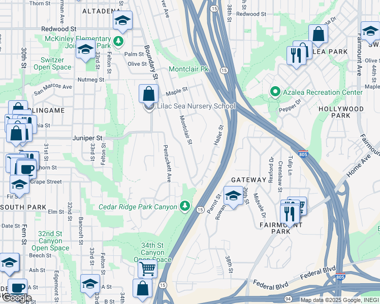map of restaurants, bars, coffee shops, grocery stores, and more near 2170 Montclair Street in San Diego
