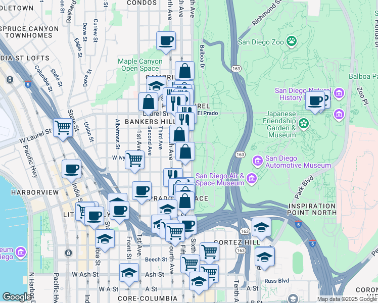 map of restaurants, bars, coffee shops, grocery stores, and more near 2270 Sixth Avenue in San Diego