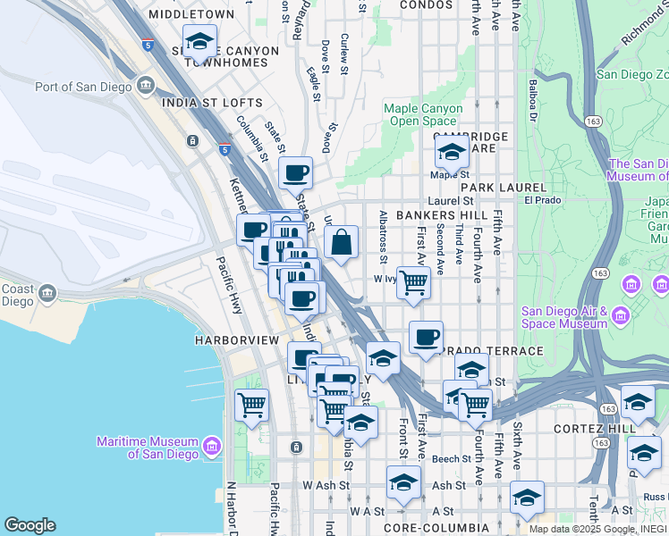 map of restaurants, bars, coffee shops, grocery stores, and more near 2242 Union Street in San Diego