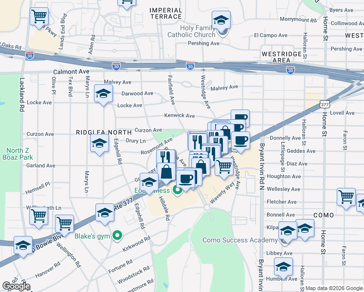 map of restaurants, bars, coffee shops, grocery stores, and more near 6308 Greenway Rd in Fort Worth
