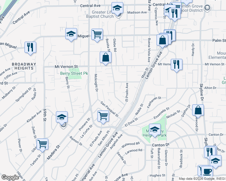 map of restaurants, bars, coffee shops, grocery stores, and more near 2194 Bonita Street in Lemon Grove