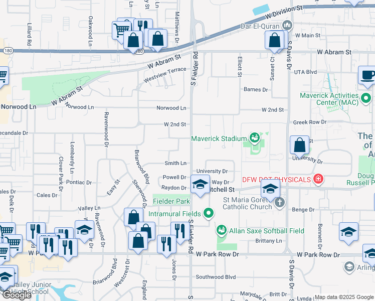 map of restaurants, bars, coffee shops, grocery stores, and more near 626 Tennyson Drive in Arlington