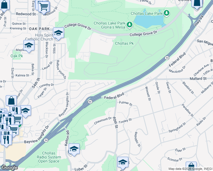 map of restaurants, bars, coffee shops, grocery stores, and more near Martin Luther King Junior Freeway in San Diego