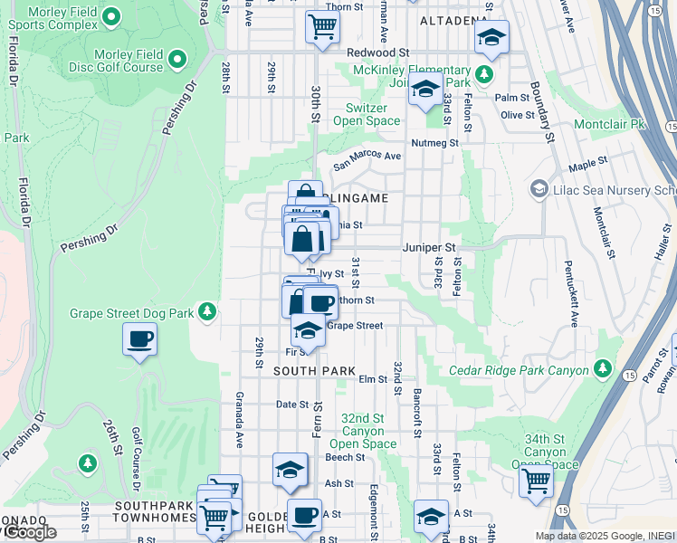 map of restaurants, bars, coffee shops, grocery stores, and more near 3031 Ivy Street in San Diego