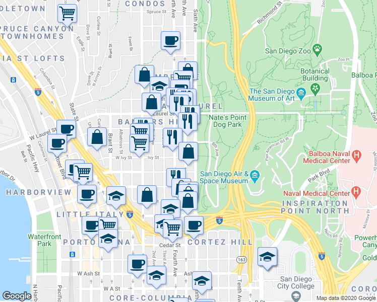 map of restaurants, bars, coffee shops, grocery stores, and more near in San Diego