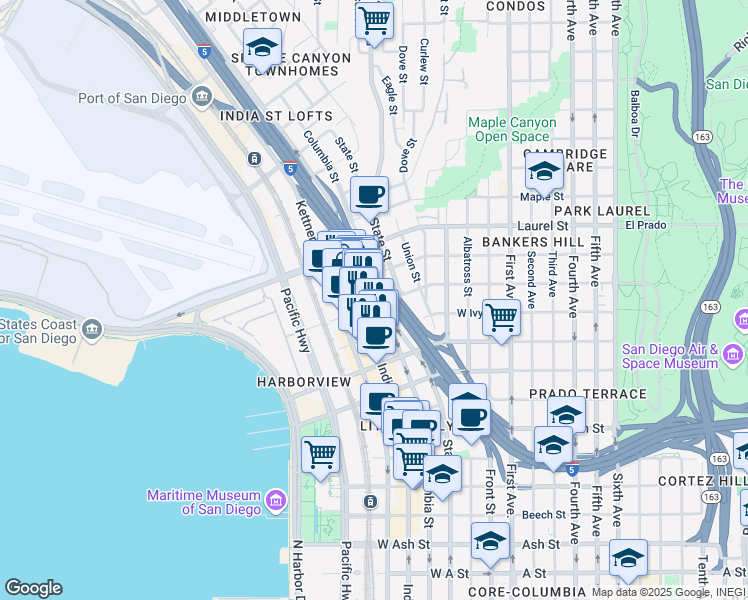 map of restaurants, bars, coffee shops, grocery stores, and more near 710 West Ivy Street in San Diego