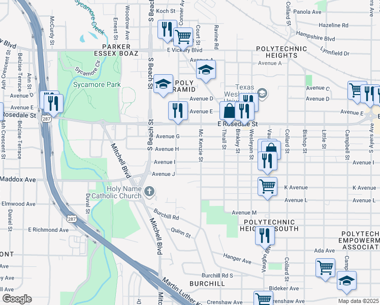 map of restaurants, bars, coffee shops, grocery stores, and more near 2708 Avenue H in Fort Worth