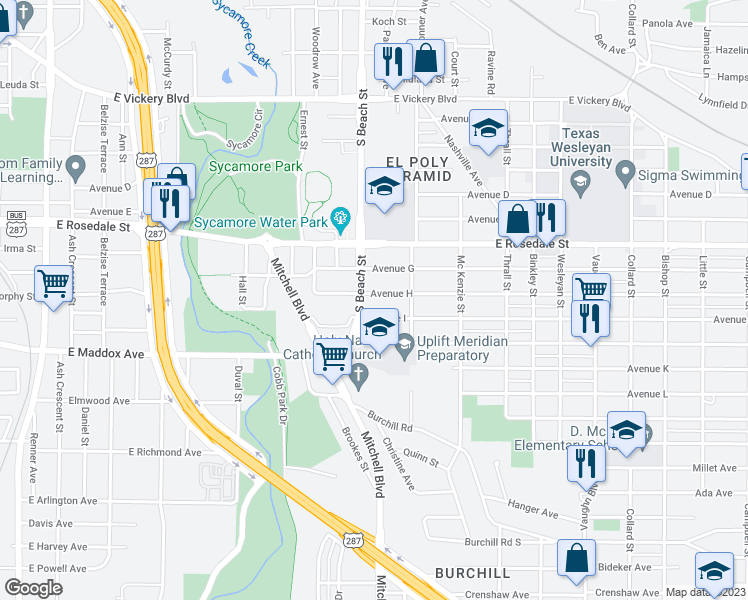 map of restaurants, bars, coffee shops, grocery stores, and more near 2625 Avenue I in Fort Worth
