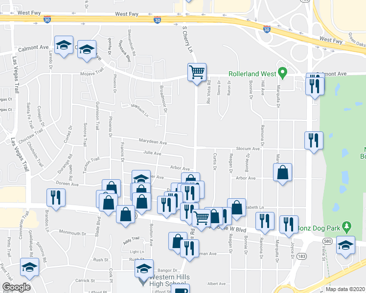 map of restaurants, bars, coffee shops, grocery stores, and more near 3104 Karen Street in Fort Worth