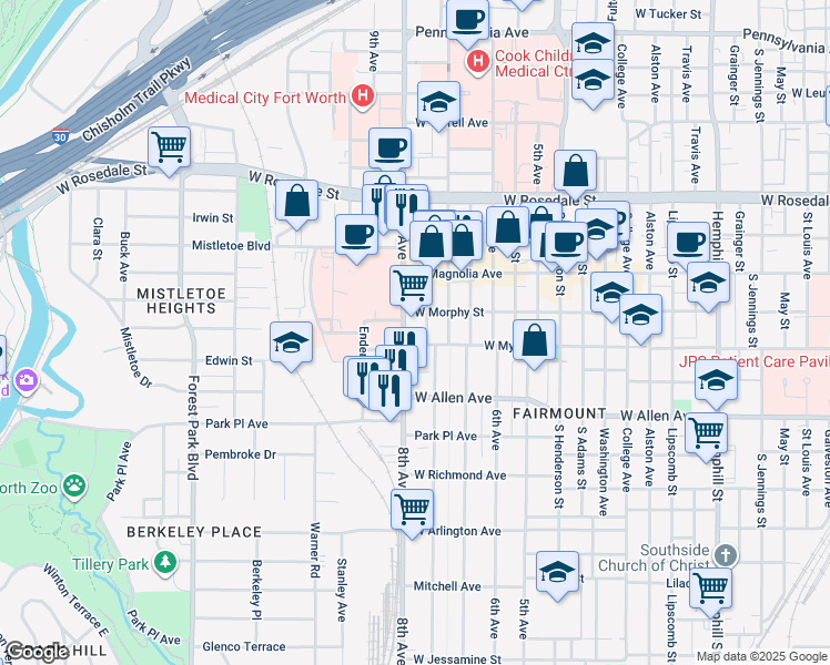 map of restaurants, bars, coffee shops, grocery stores, and more near 1450-1498 8th Avenue in Fort Worth